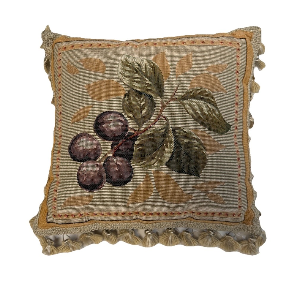 French‎ Country Pillow Velvet Back 12" Fruit Plums Tassels Fringe Needlepoint